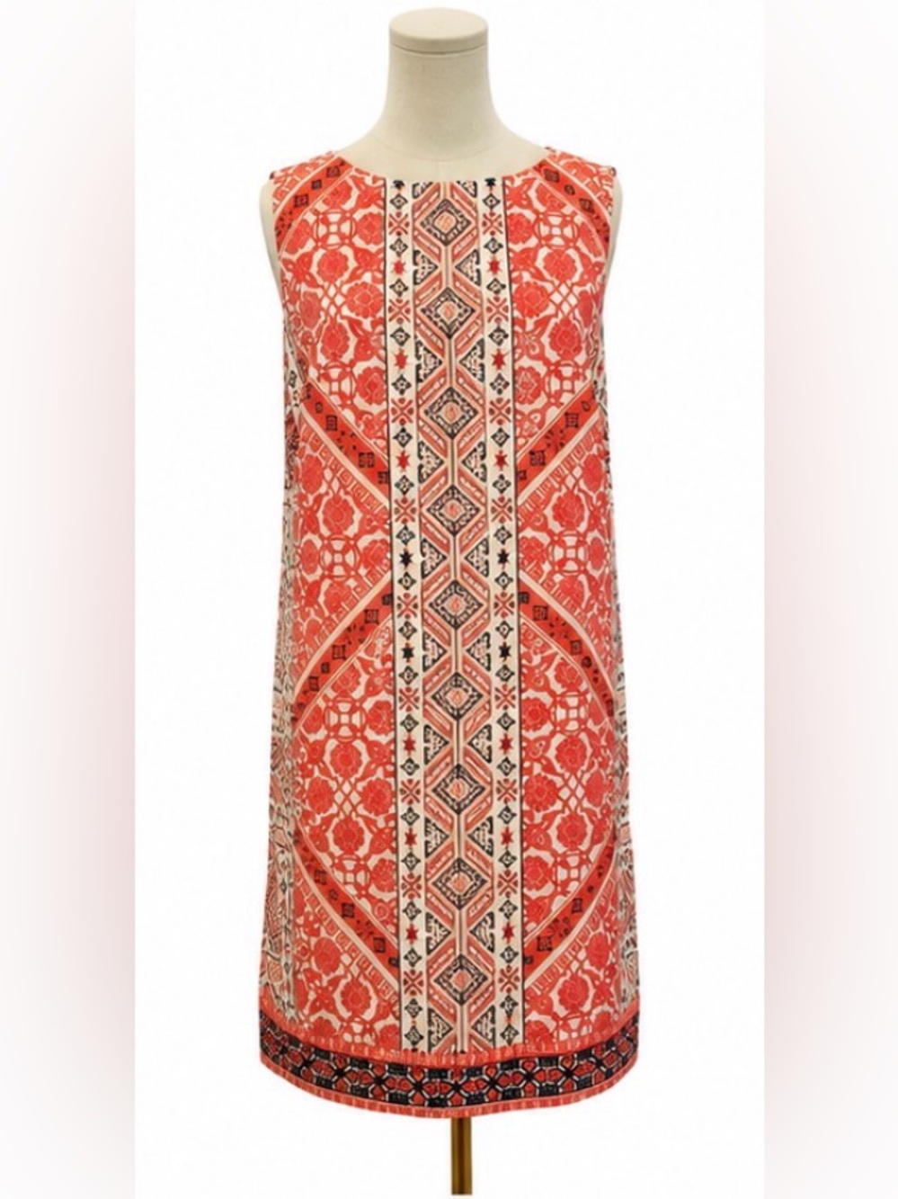 Brooks Brothers 346 Sleeveless Shift Dress Coral Ivory Geometric Print Size 10